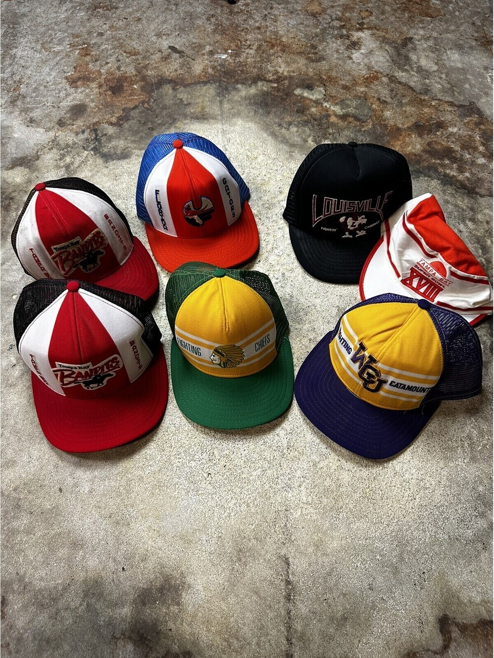 Vintage 80s Sports AJD Hat Cap Super Stripe Mesh Snapback Hat Cap LOT OF 7 - Picture 1 of 15